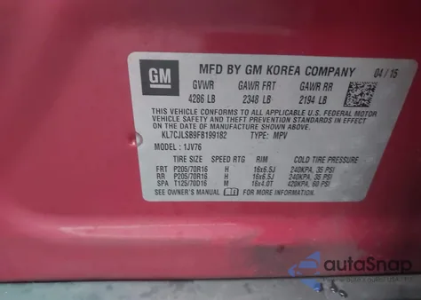 2015 Chevrolet Trax Lt from USA, damaged, VIN KL7CJLSB9FB199182